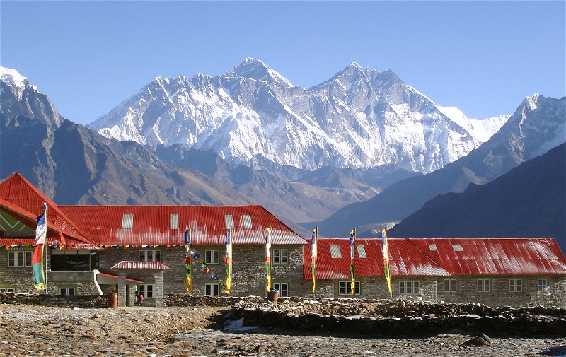 The lodge at Kongde, Everest beyond