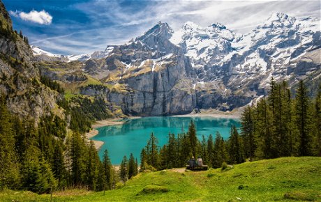 Marvel at the breathtaking turquoise shades of Oeschinen Lake